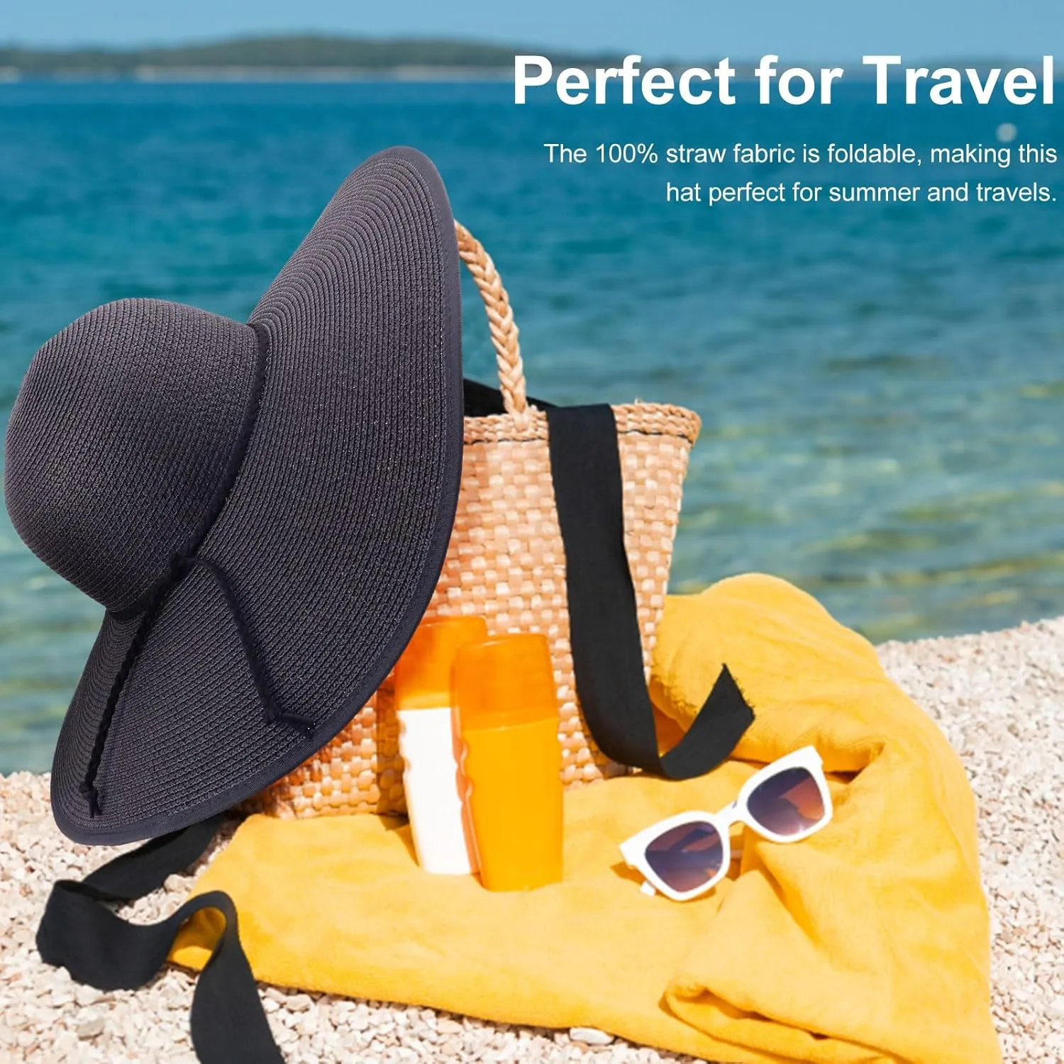 Beach Hats for Women Men Big Straw Wide Brim Summer Hat Floppy Foldable Roll up Cap for Beach Outdoor UPF 50 