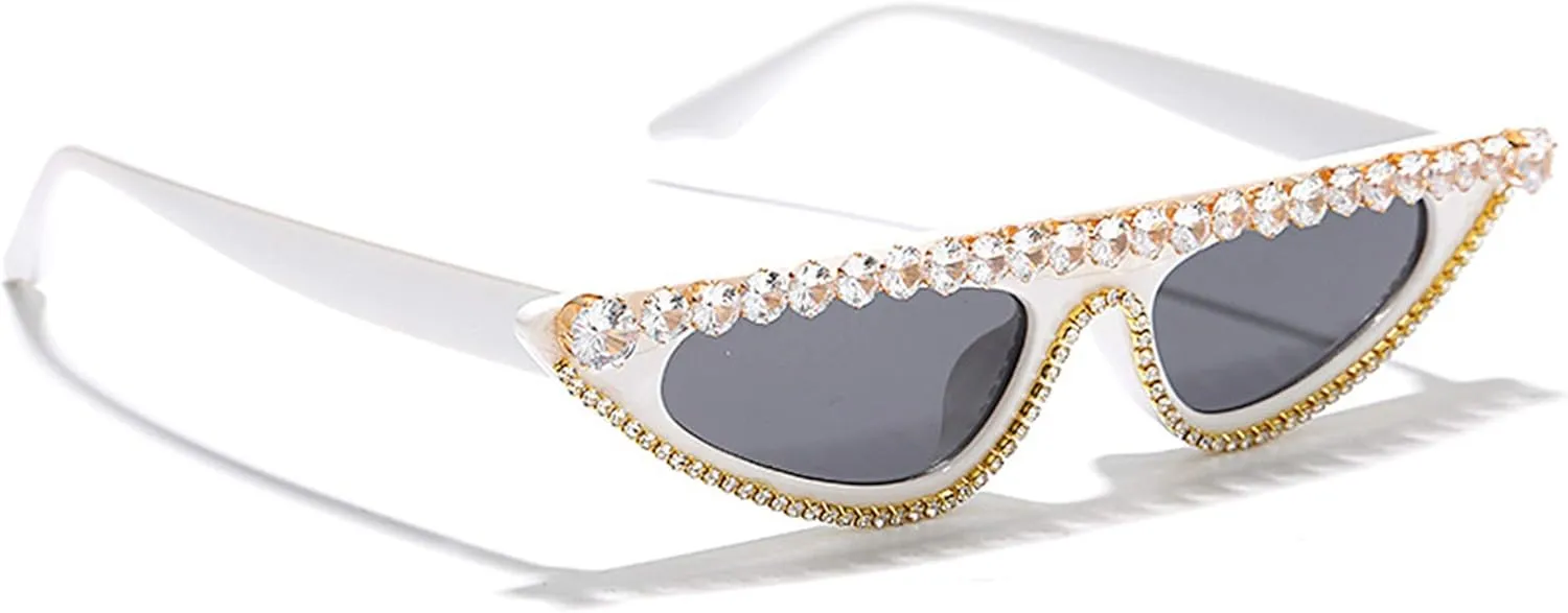 bullabulling Small Vintage Diamond Cat Eye Crystal Sunglasses for Women UV400 Protection