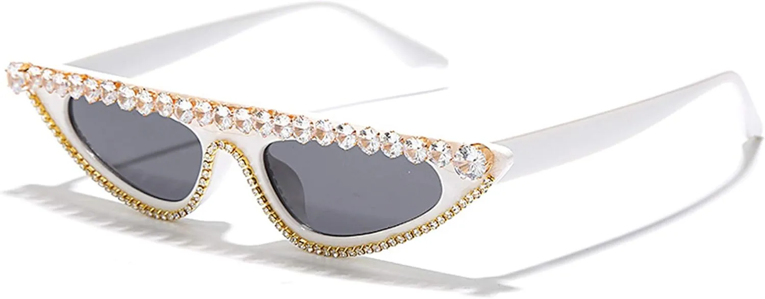 bullabulling Small Vintage Diamond Cat Eye Crystal Sunglasses for Women UV400 Protection