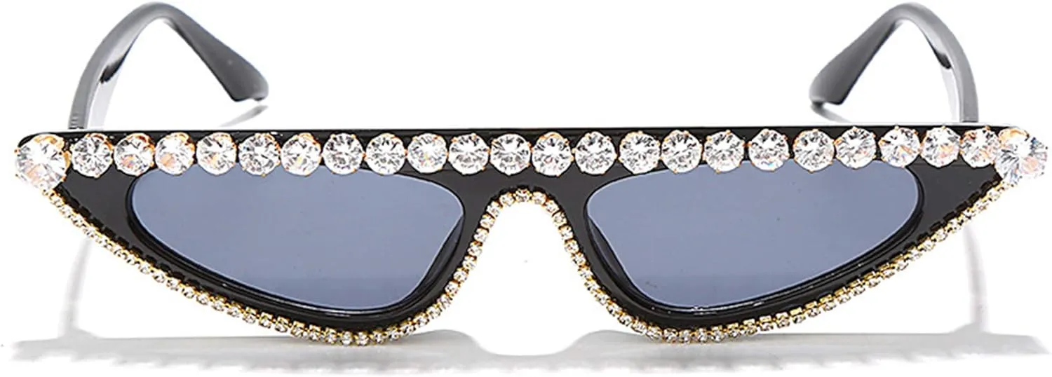 bullabulling Small Vintage Diamond Cat Eye Crystal Sunglasses for Women UV400 Protection