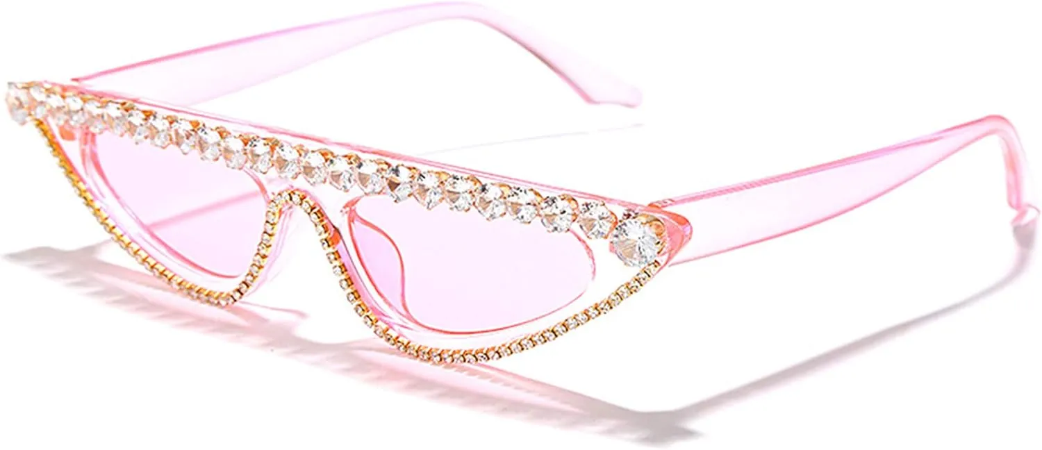 bullabulling Small Vintage Diamond Cat Eye Crystal Sunglasses for Women UV400 Protection