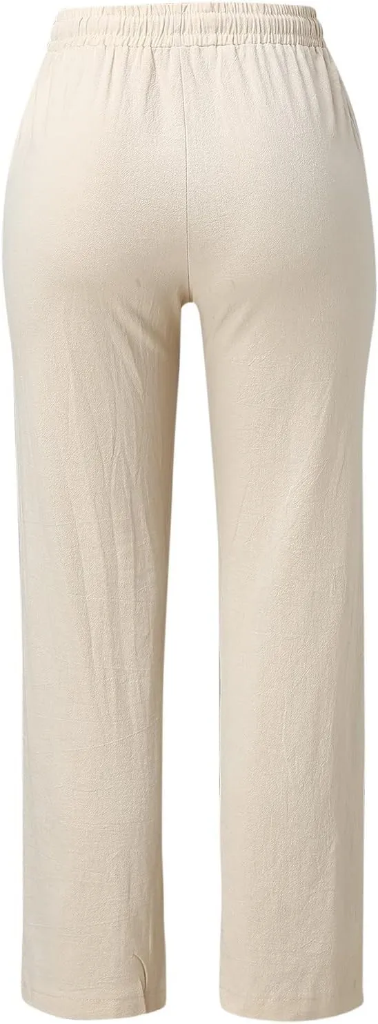 Cotton Linen Pants Women Plus Size Drawstring High Waisted Palazzo Pants Straight Leg Sweatpants Trousers