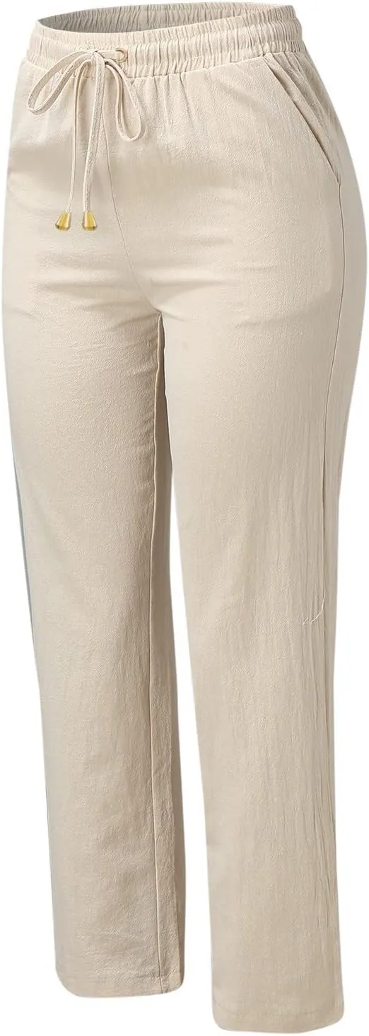 Cotton Linen Pants Women Plus Size Drawstring High Waisted Palazzo Pants Straight Leg Sweatpants Trousers