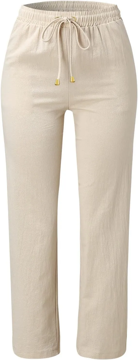 Cotton Linen Pants Women Plus Size Drawstring High Waisted Palazzo Pants Straight Leg Sweatpants Trousers