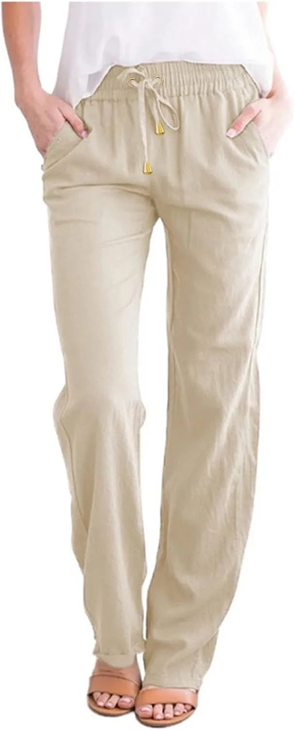 Cotton Linen Pants Women Plus Size Drawstring High Waisted Palazzo Pants Straight Leg Sweatpants Trousers