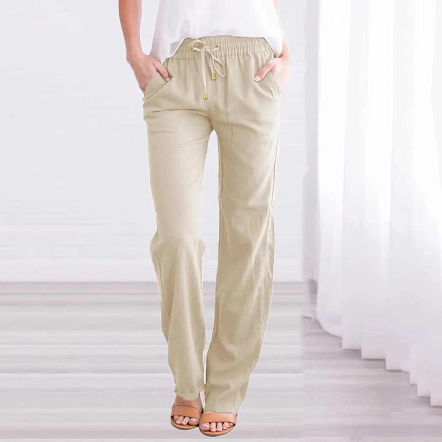 Cotton Linen Pants Women Plus Size Drawstring High Waisted Palazzo Pants Straight Leg Sweatpants Trousers