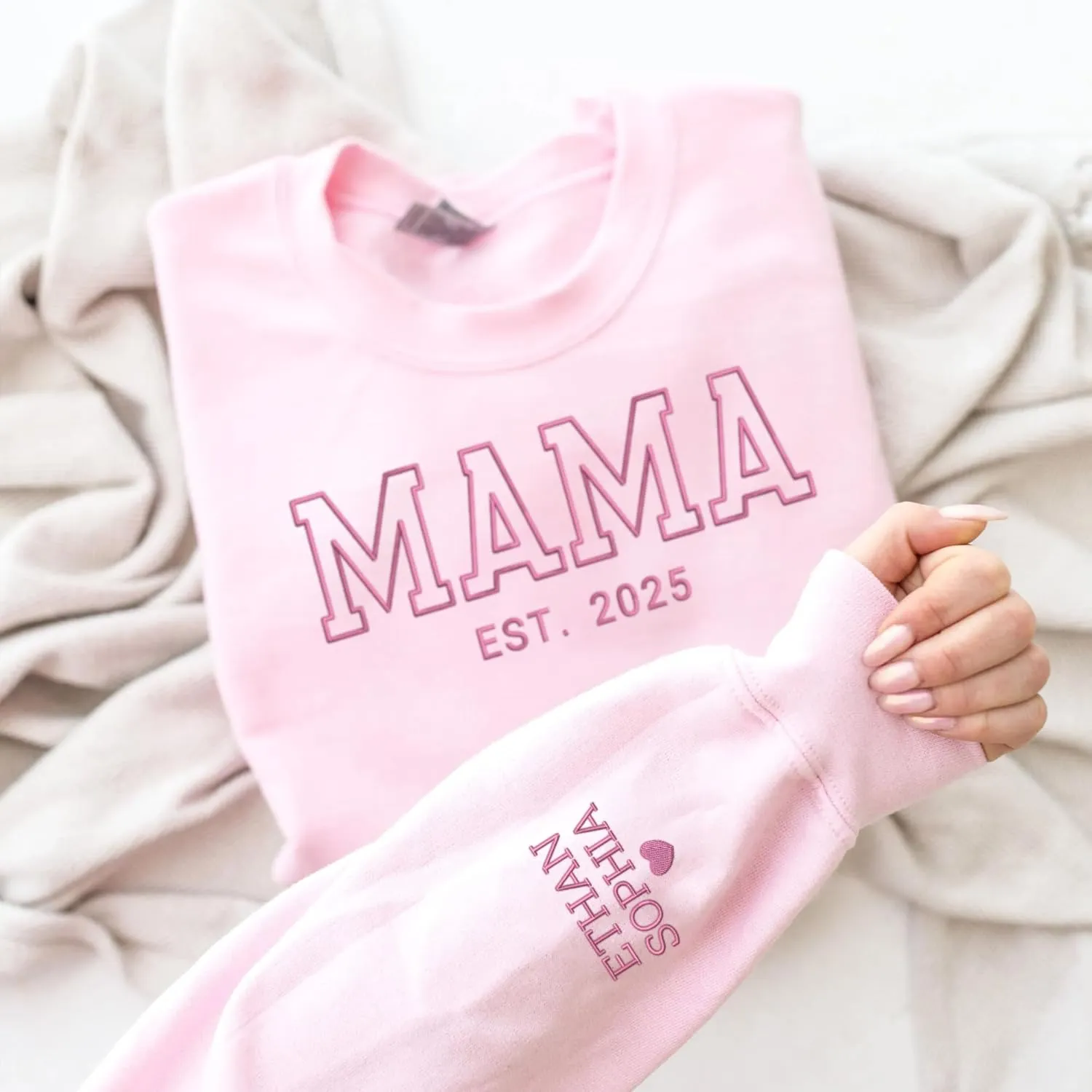 Custom Embroidered Mama Sweatshirt with Kids Names on Sleeve - Personalized Gifts for Mom Grandma Women