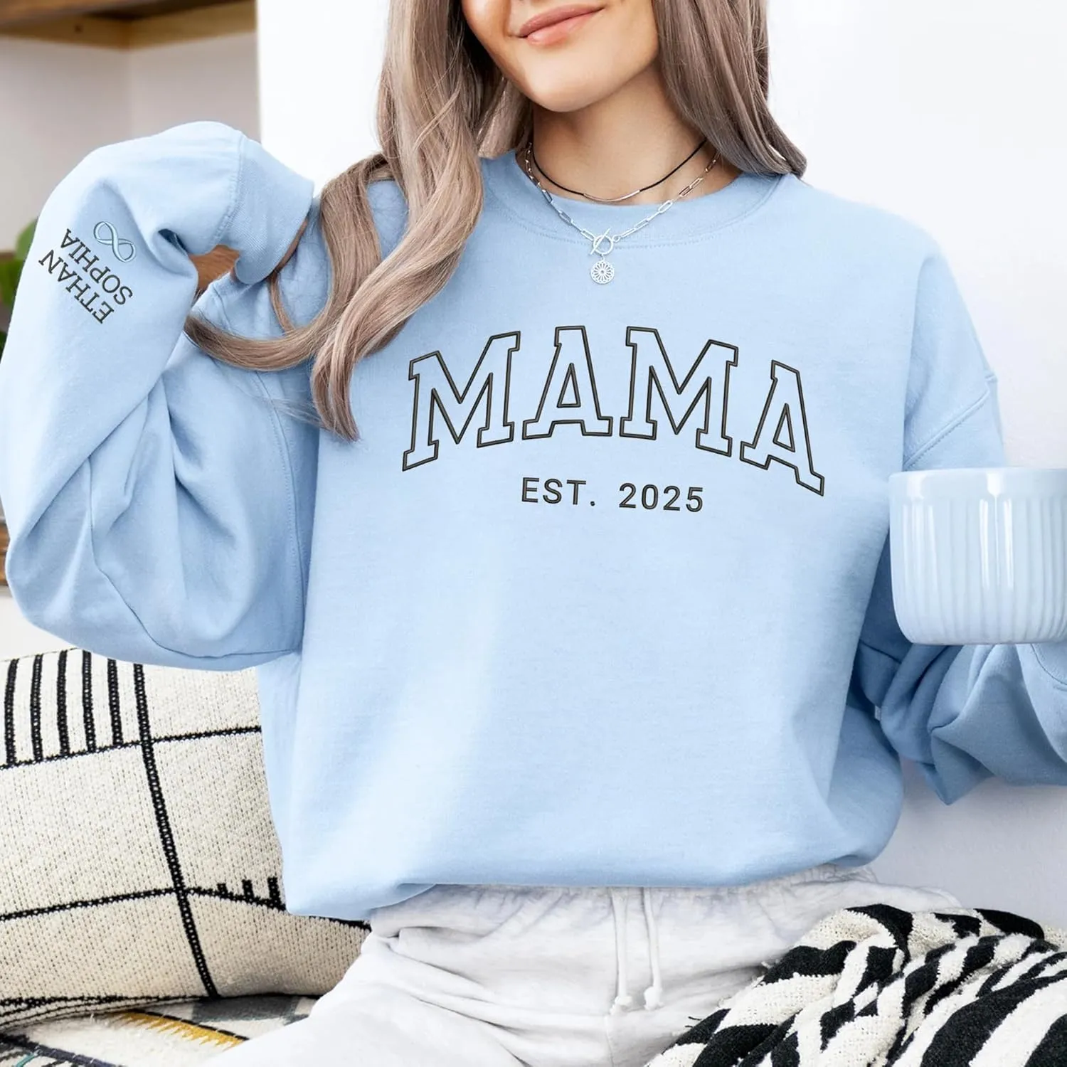Custom Embroidered Mama Sweatshirt with Kids Names on Sleeve - Personalized Gifts for Mom Grandma Women