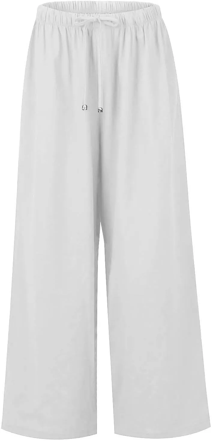 eoeioa Linen Pants for Women Summer Flowy High Waisted Wide Leg Pants w/Pockets Lounge Trousers Casual Baggy Palazzo Pants
