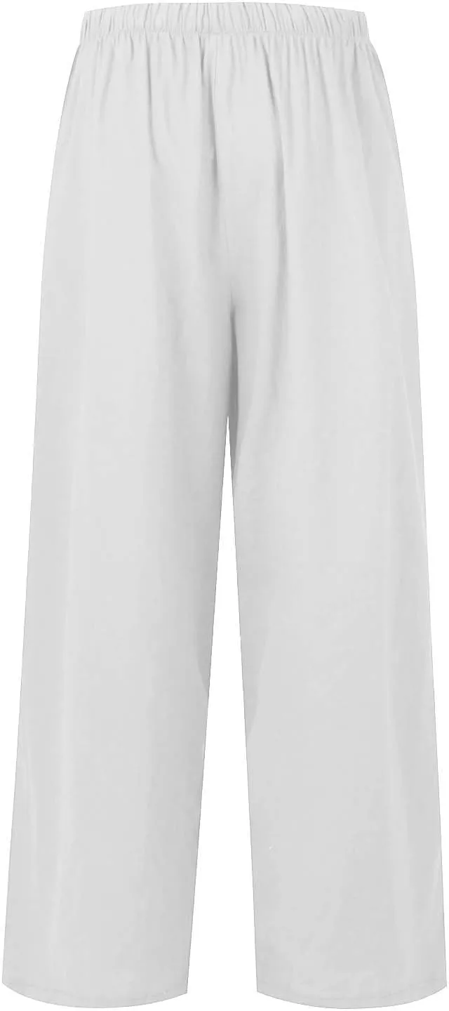 eoeioa Linen Pants for Women Summer Flowy High Waisted Wide Leg Pants w/Pockets Lounge Trousers Casual Baggy Palazzo Pants
