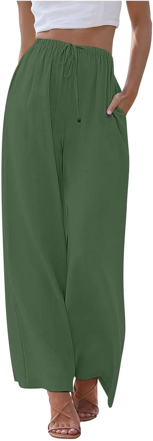 eoeioa Linen Pants for Women Summer Flowy High Waisted Wide Leg Pants w/Pockets Lounge Trousers Casual Baggy Palazzo Pants