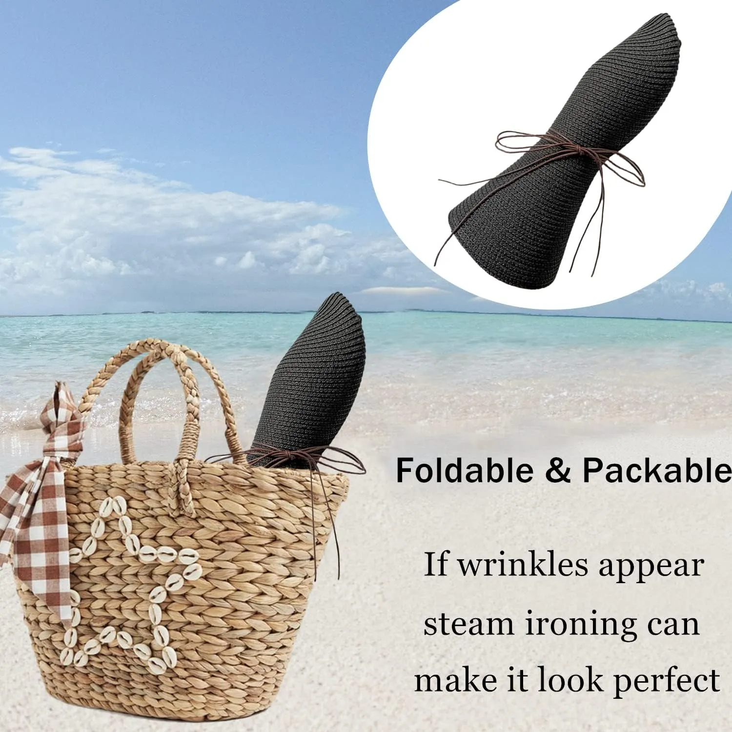 Floppy Big Beach Straw Hats for Women Foldable Summer Wide Brim Packable Sun Hat Womens Travel Straw Fedora Hat