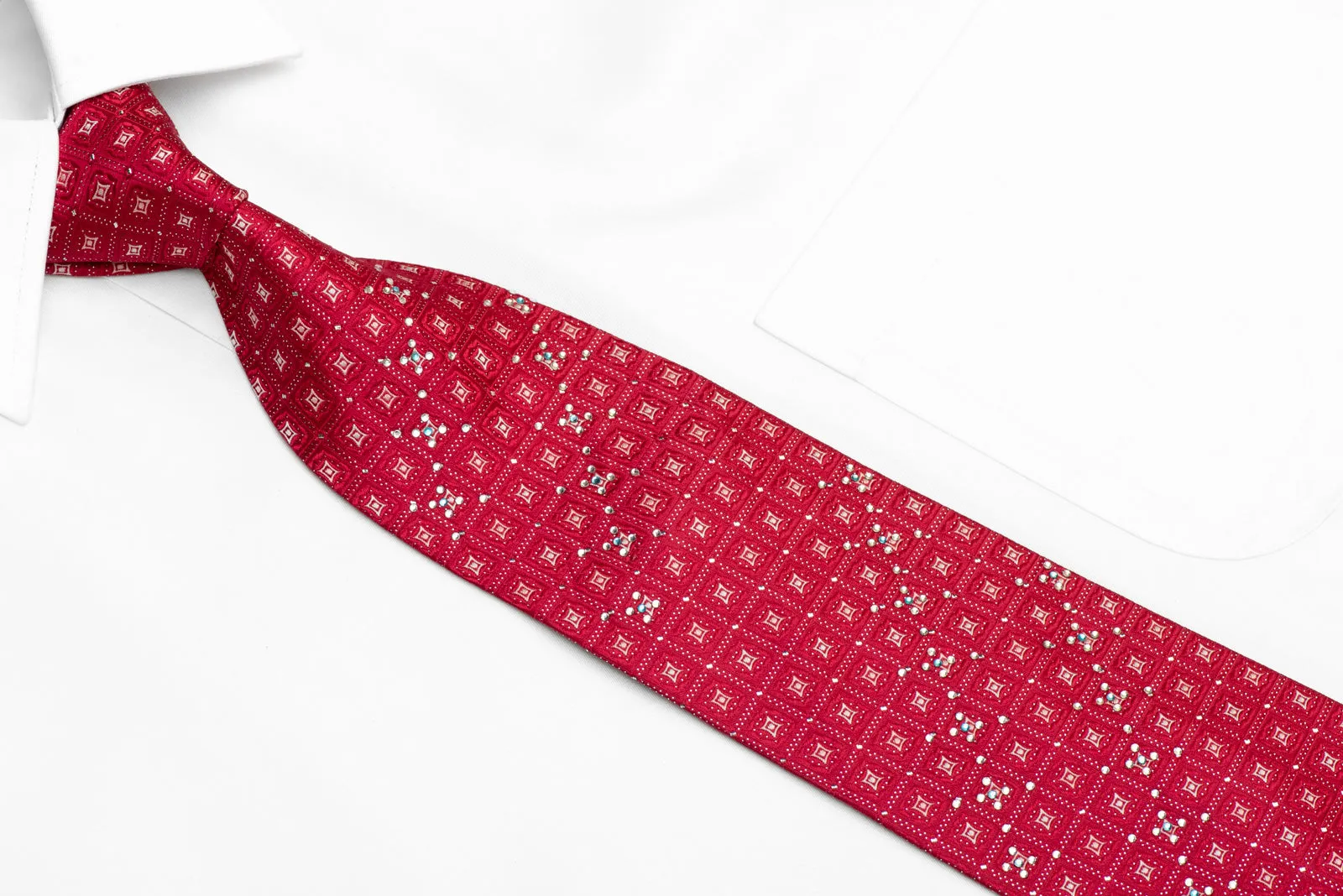 Geometric On Red Rhinestone Silk Necktie With Silver Sparkles