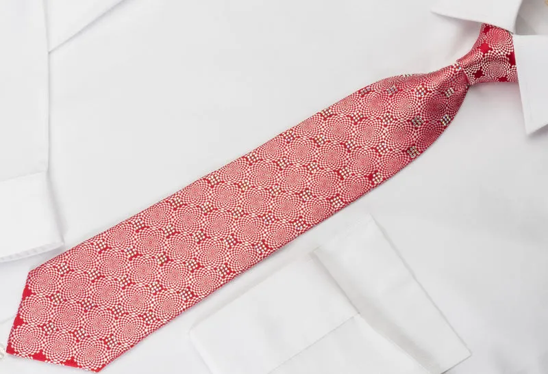 Guy Laroche Rhinestone Tie Silver Geometric On Woven Red Silk