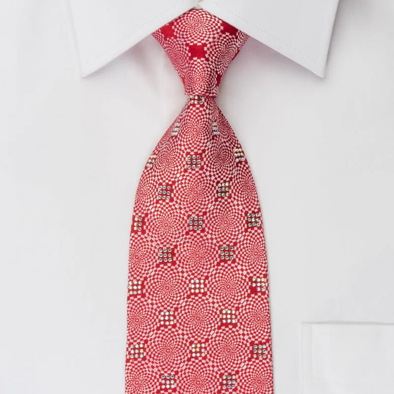 Guy Laroche Rhinestone Tie Silver Geometric On Woven Red Silk