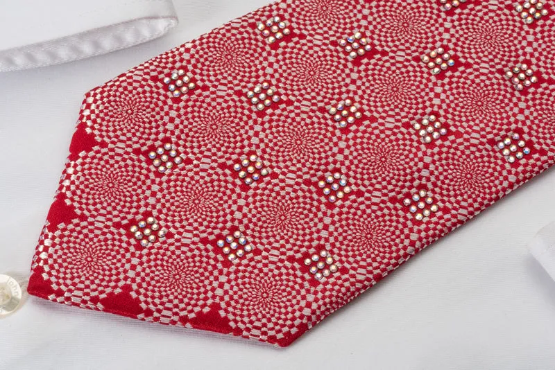 Guy Laroche Rhinestone Tie Silver Geometric On Woven Red Silk