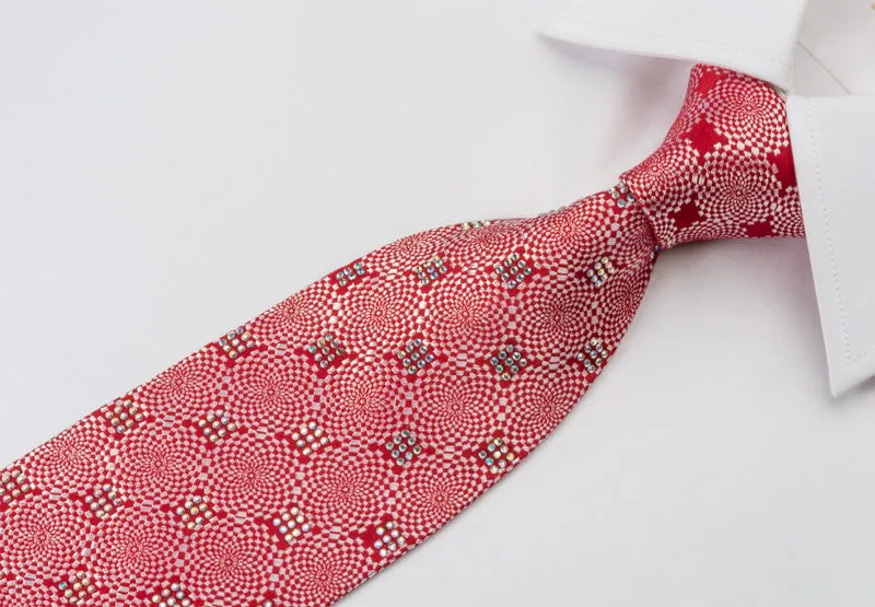 Guy Laroche Rhinestone Tie Silver Geometric On Woven Red Silk