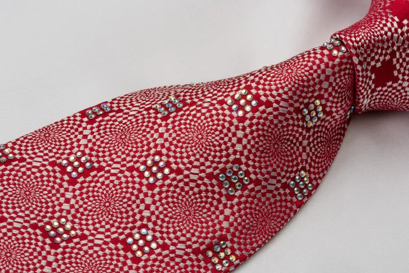 Guy Laroche Rhinestone Tie Silver Geometric On Woven Red Silk