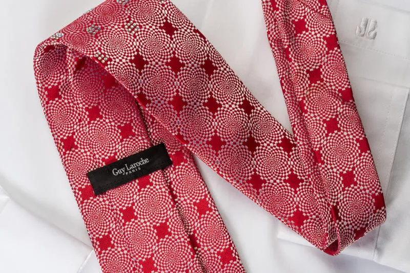 Guy Laroche Rhinestone Tie Silver Geometric On Woven Red Silk