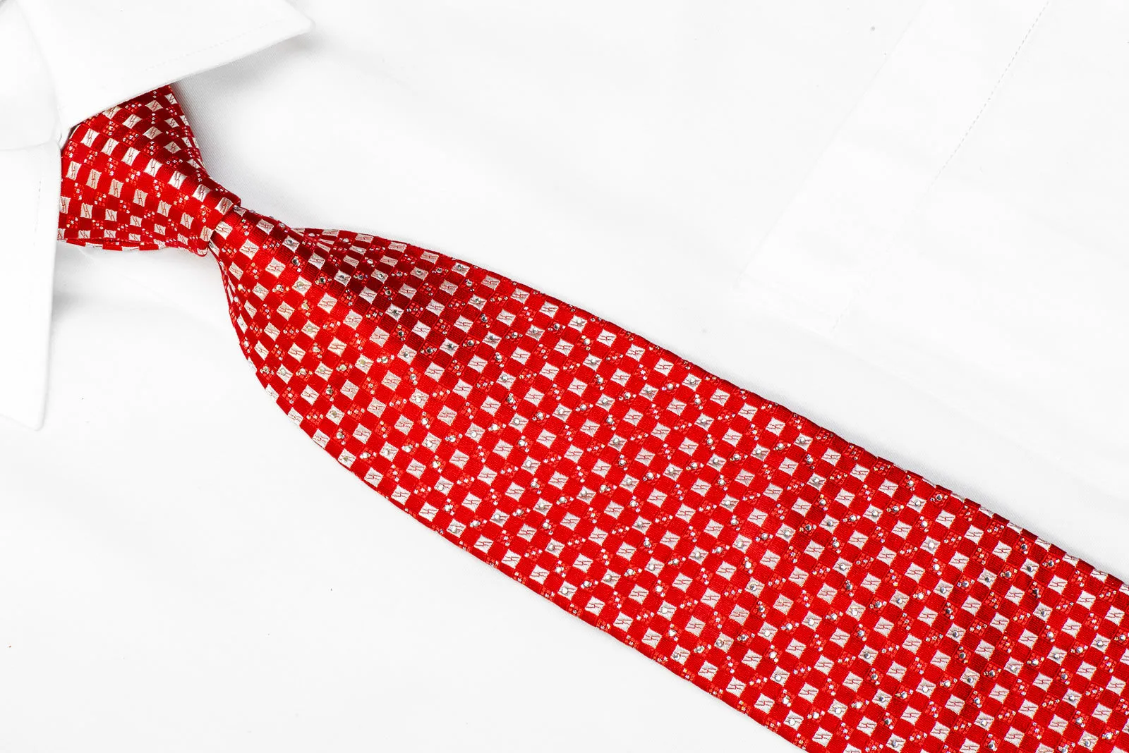 Indian Homme Rhinestone Tie Silver Micro Squares On Red With Sparkles