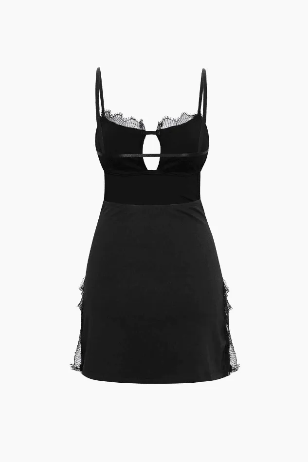 Lace Trim Backless Slit Mini Dress