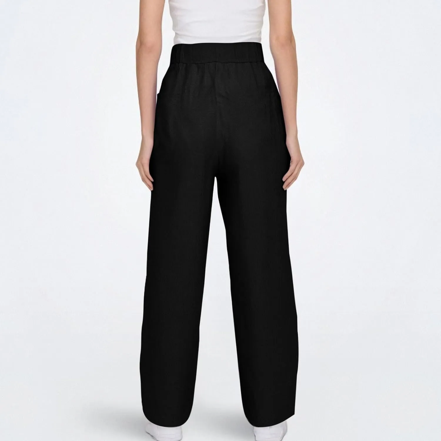Linen Pants Women Summer Straight Leg High Elastic Waist Trousers with Pockets Drawstring Palazzo Pants