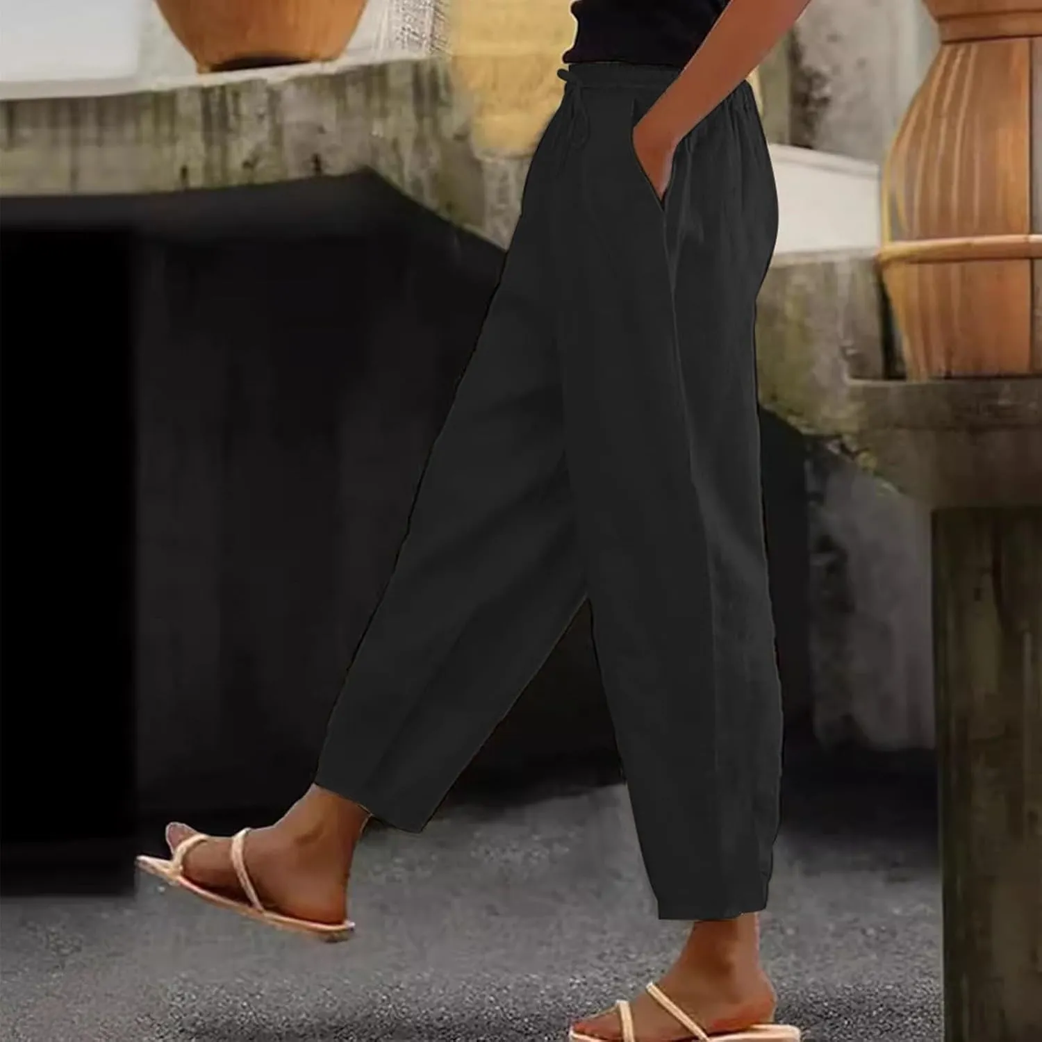 Linen Pants Women Summer Straight Leg High Elastic Waist Trousers with Pockets Drawstring Palazzo Pants