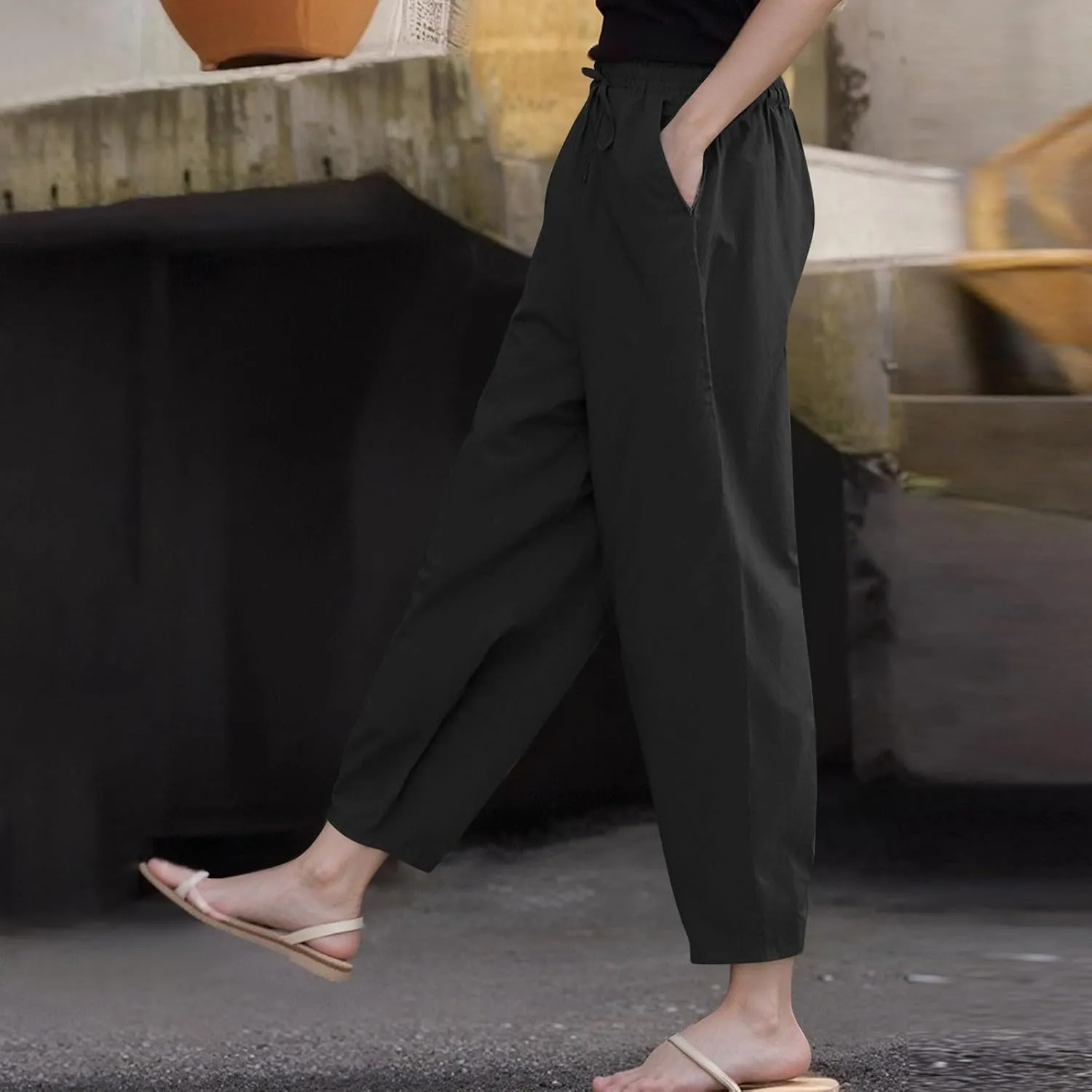 Linen Pants Women Summer Straight Leg High Elastic Waist Trousers with Pockets Drawstring Palazzo Pants
