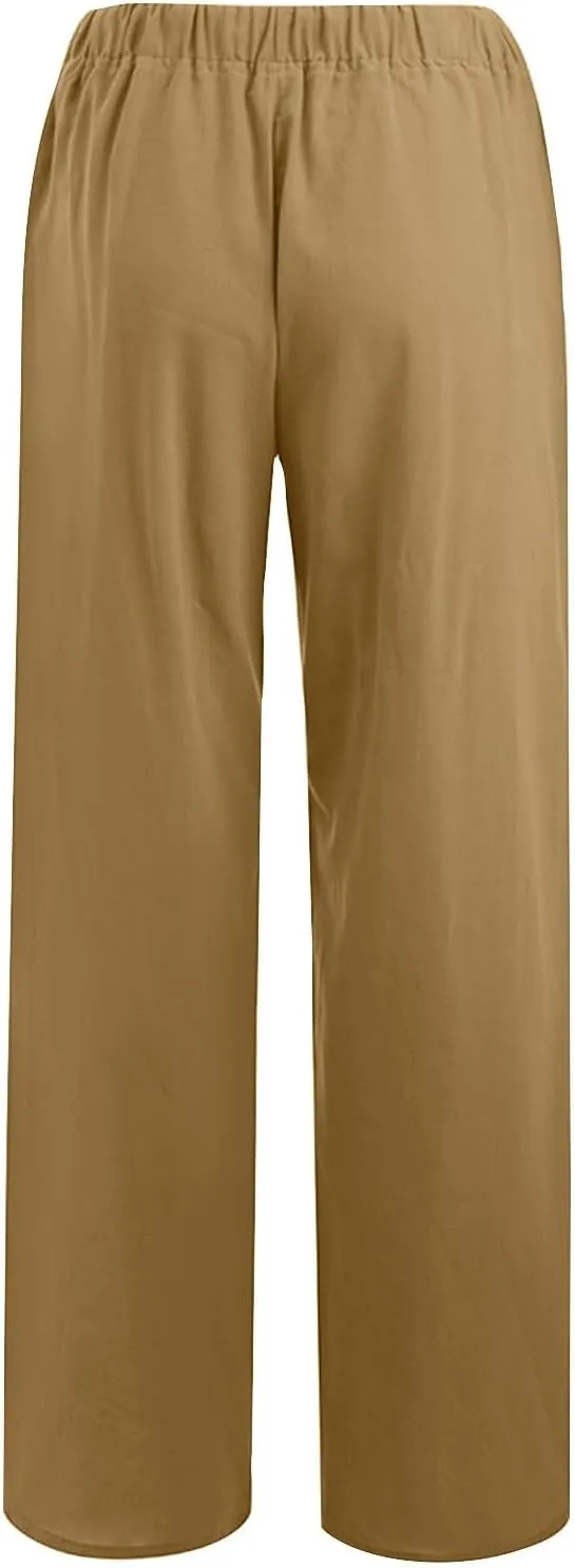 Linen Pants Women Vacation Casual Loose Drawsting Waist Pants Wide Leg Pants Cotton Linen Palazzo Pants with Pockets