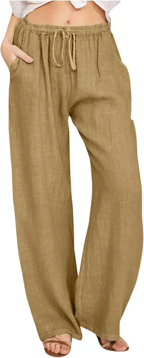 Linen Pants Women Vacation Casual Loose Drawsting Waist Pants Wide Leg Pants Cotton Linen Palazzo Pants with Pockets