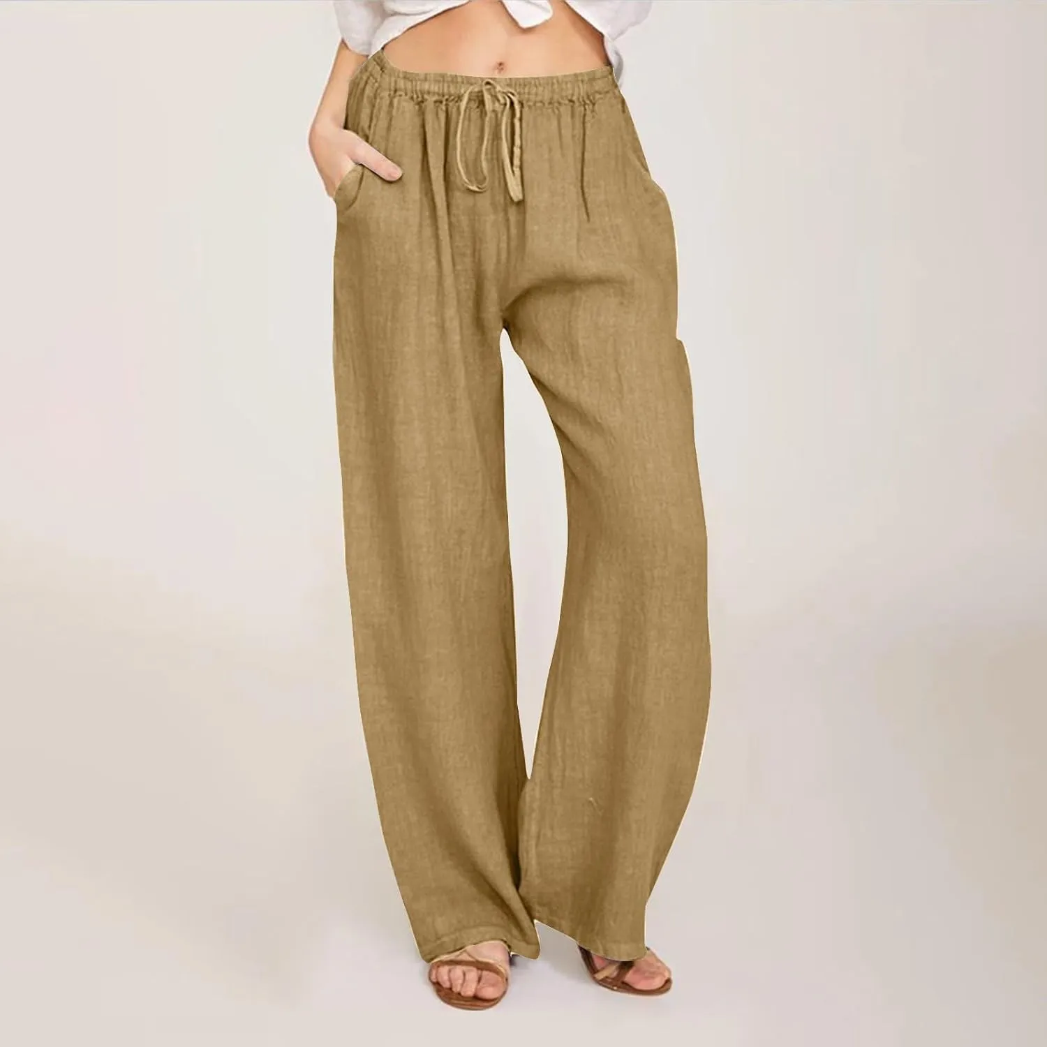 Linen Pants Women Vacation Casual Loose Drawsting Waist Pants Wide Leg Pants Cotton Linen Palazzo Pants with Pockets