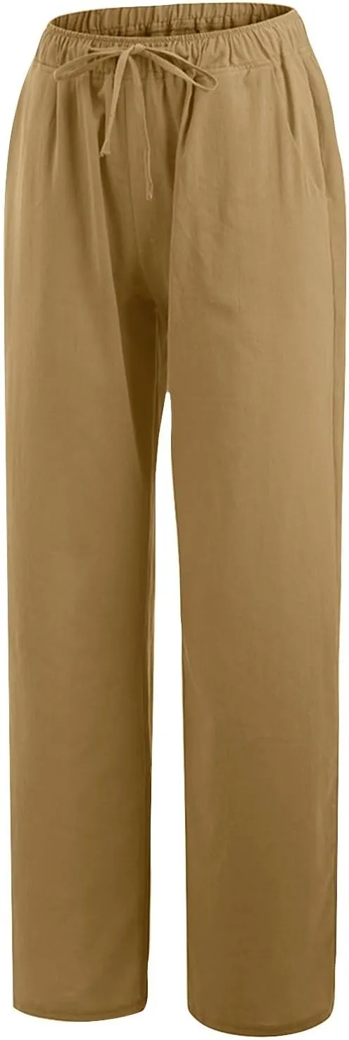 Linen Pants Women Vacation Casual Loose Drawsting Waist Pants Wide Leg Pants Cotton Linen Palazzo Pants with Pockets