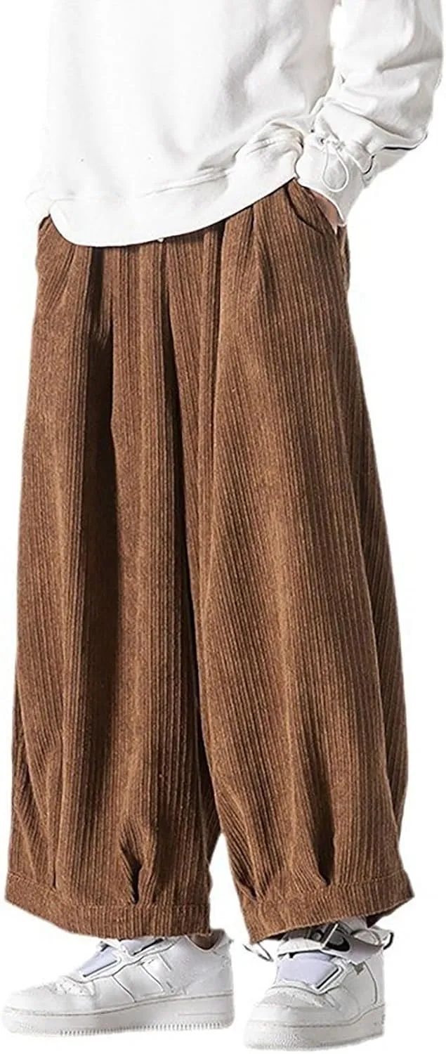 Loose Corduroy Pants for Men Big and Tall Straight Wide Leg Cotton Trousers Casual Elastic Waist Drawstring Sweatpant