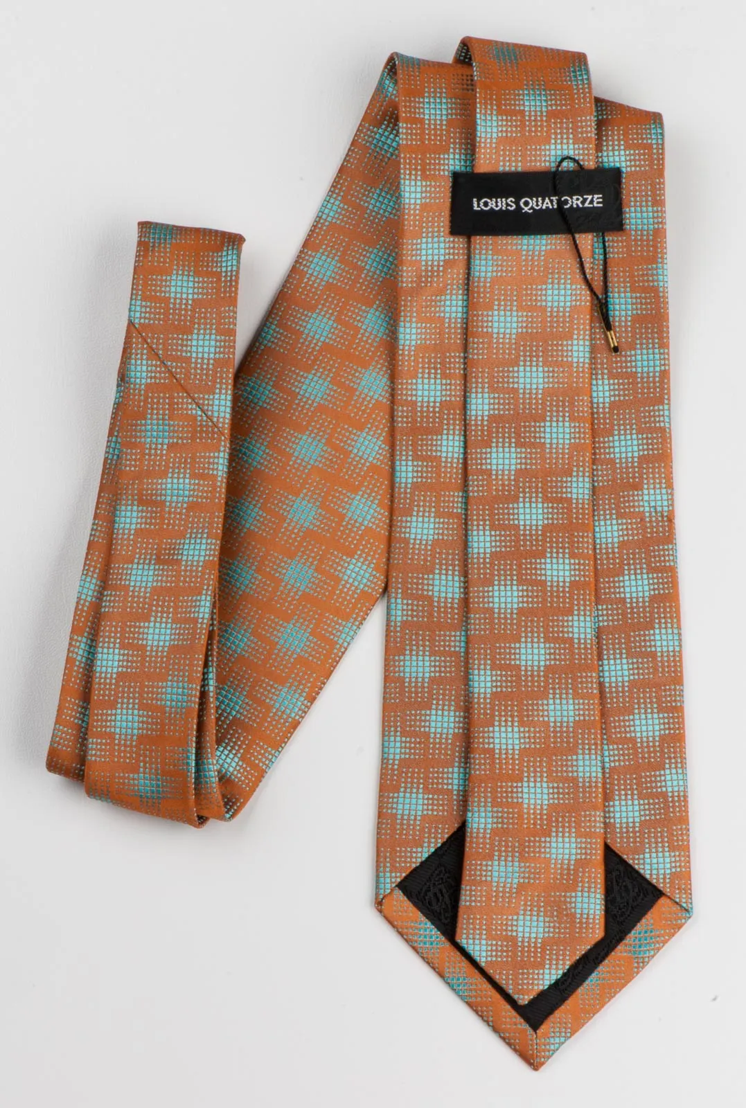 Louis Quatorze Men's Silk Neck Tie Blue Geometric Design On Brown 3 1/2 Inch