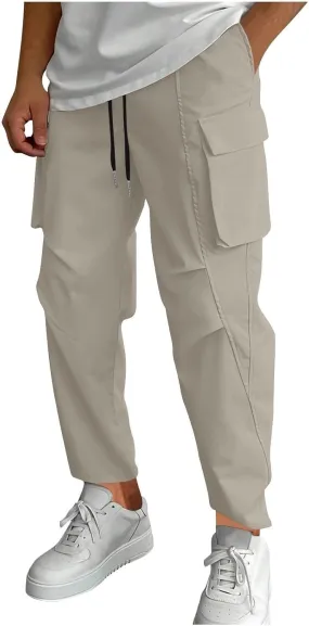 Mens Cargo Pants Elastic Waist Drawstring Slim Fit Skinny Joggers for Men Lightweight Hiking Pants with Multi Pockets