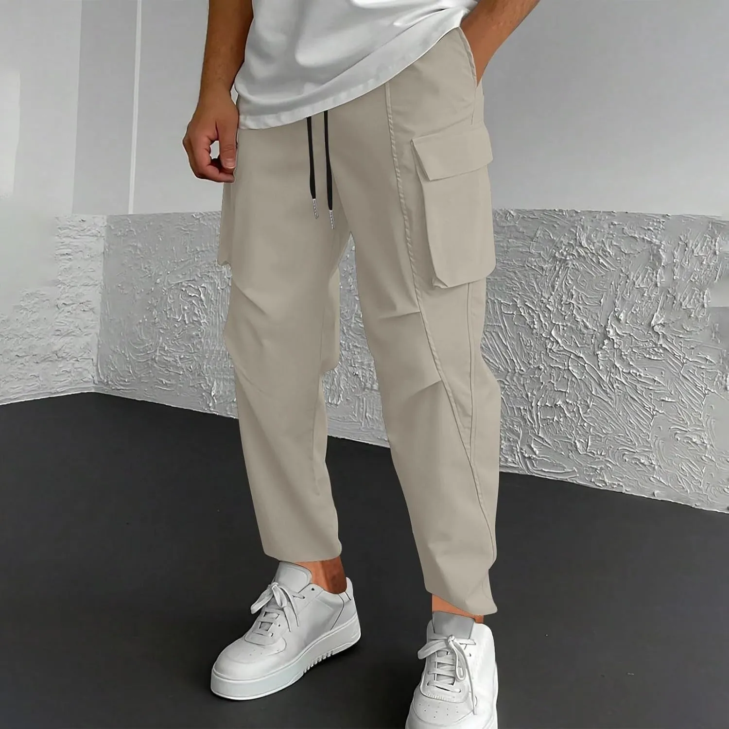 Mens Cargo Pants Elastic Waist Drawstring Slim Fit Skinny Joggers for Men Lightweight Hiking Pants with Multi Pockets