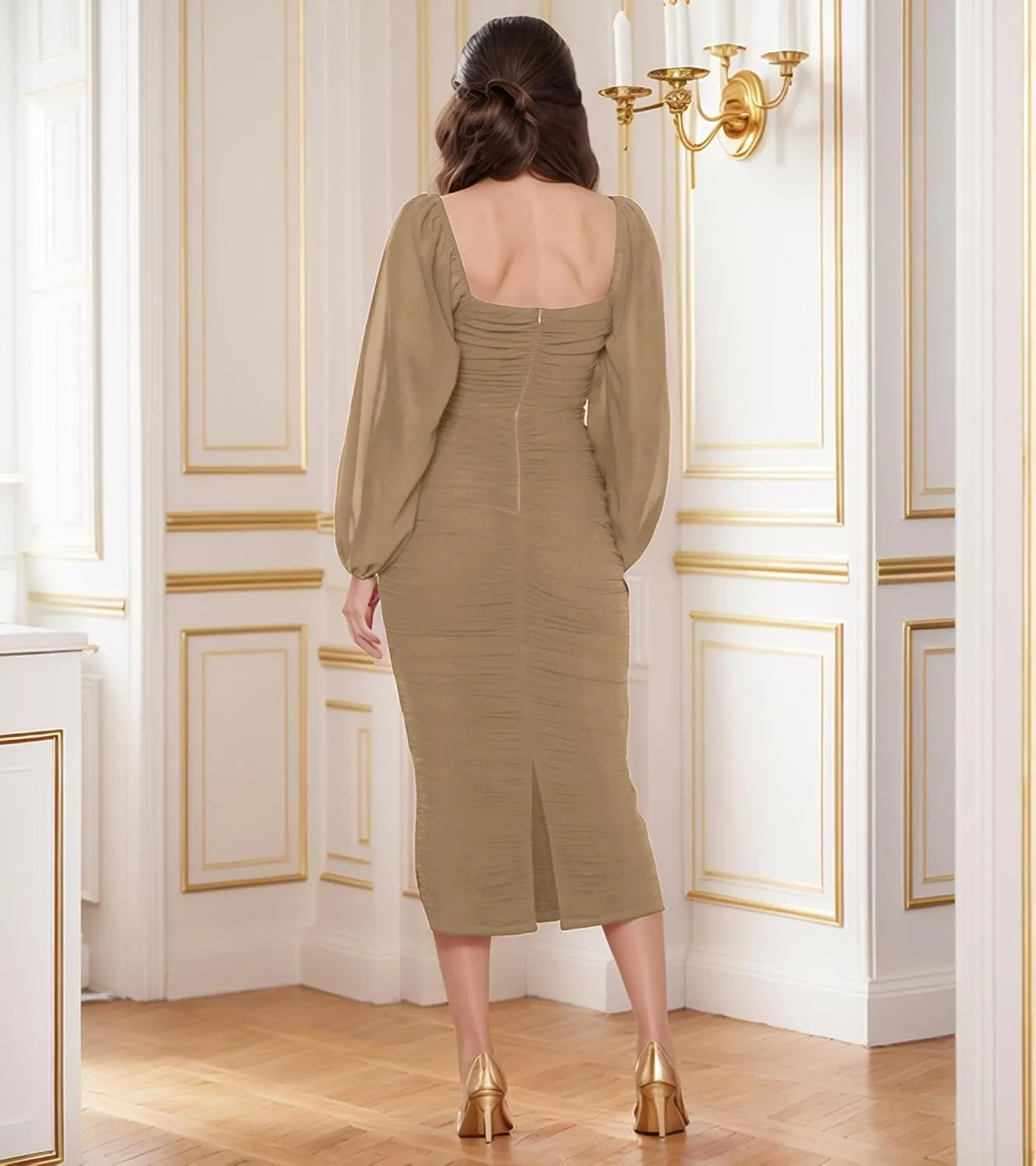 MllesReve Women Long Puffy Sleeve Midi Wedding Guest Dress Ruched Bodycon Tea Length Cocktail Party Dresses Graduation Gown