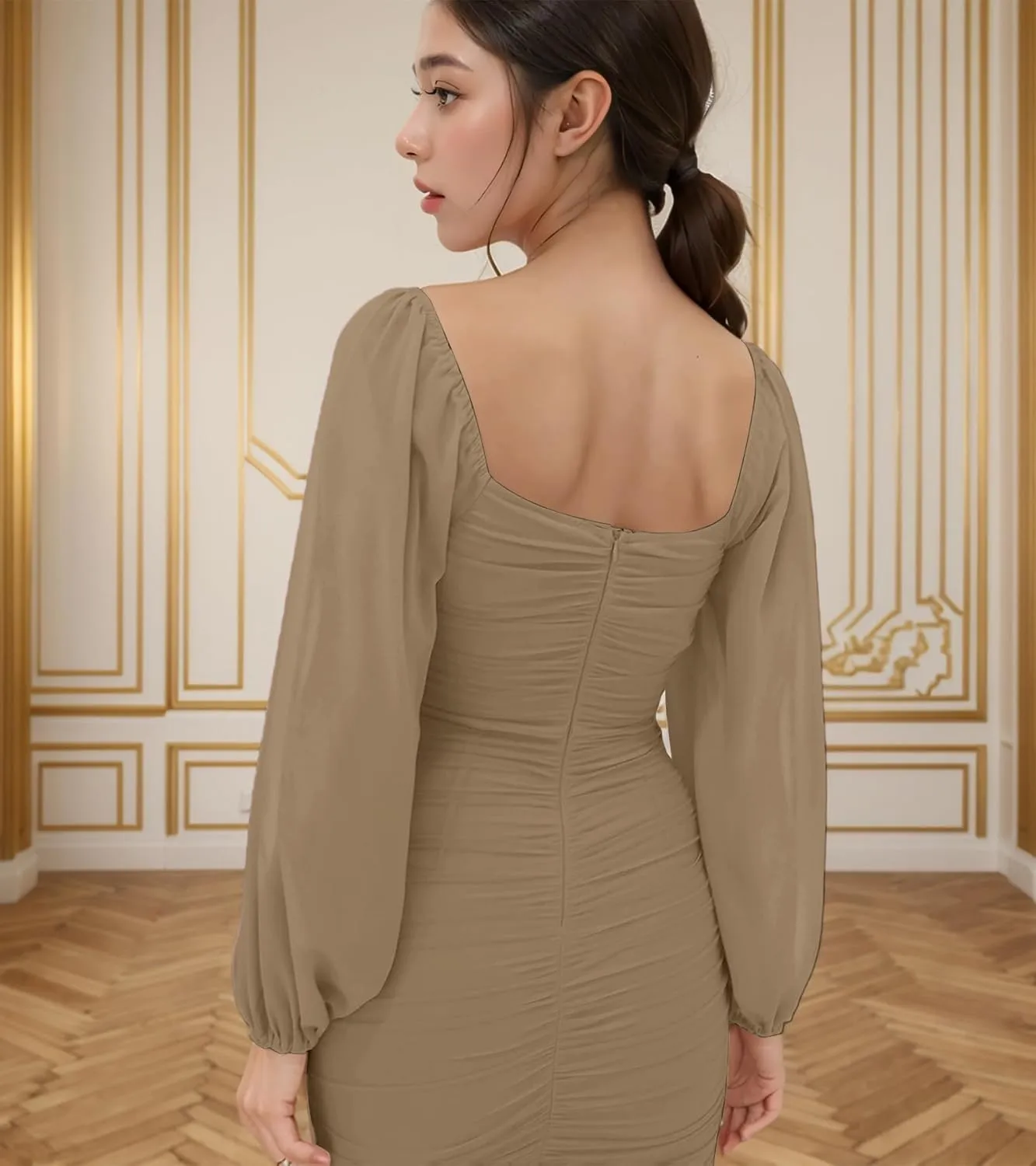 MllesReve Women Long Puffy Sleeve Midi Wedding Guest Dress Ruched Bodycon Tea Length Cocktail Party Dresses Graduation Gown