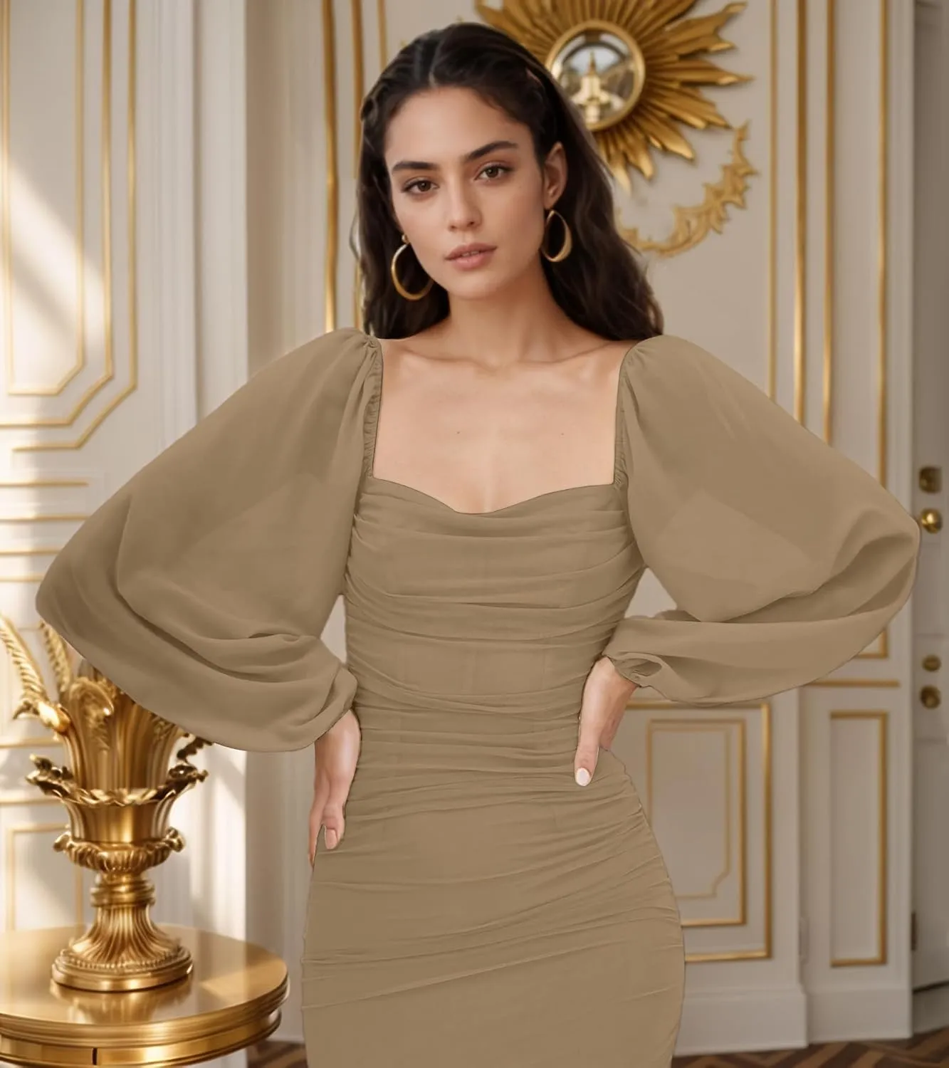 MllesReve Women Long Puffy Sleeve Midi Wedding Guest Dress Ruched Bodycon Tea Length Cocktail Party Dresses Graduation Gown