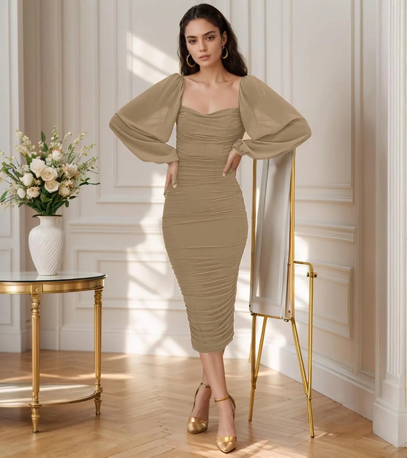 MllesReve Women Long Puffy Sleeve Midi Wedding Guest Dress Ruched Bodycon Tea Length Cocktail Party Dresses Graduation Gown