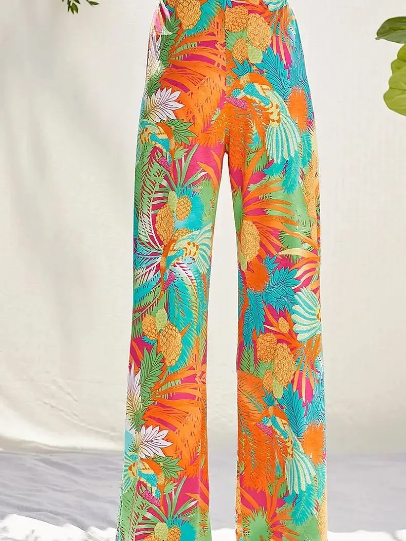 Multi-Color Tropical Print High Waisted Palazzo Pant