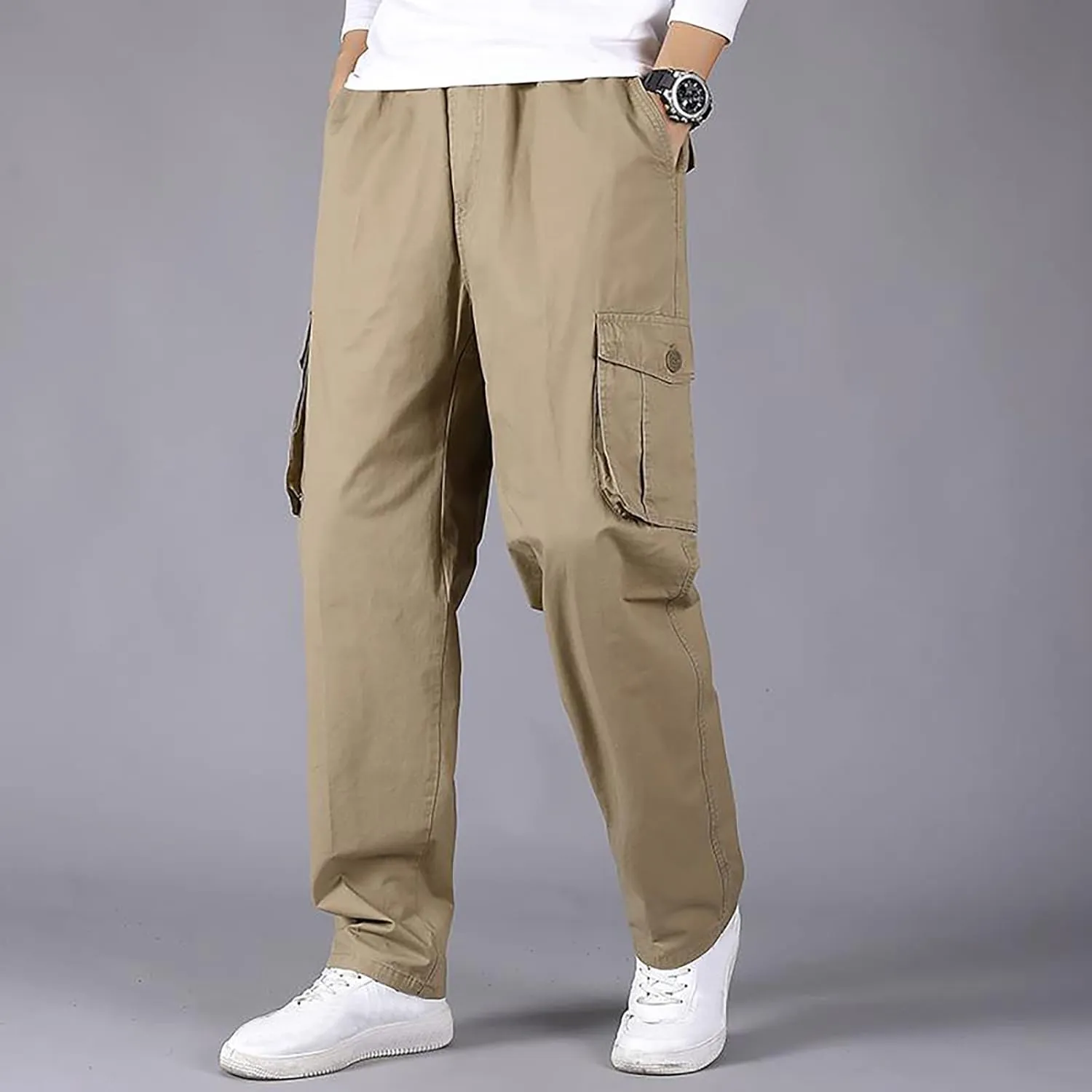 Muscularfit Plus Size Cargo Pants for Men Fashion Outdoor Cotton Multi Pockets Solid Straight Trouser Causal Loose Sweatpants