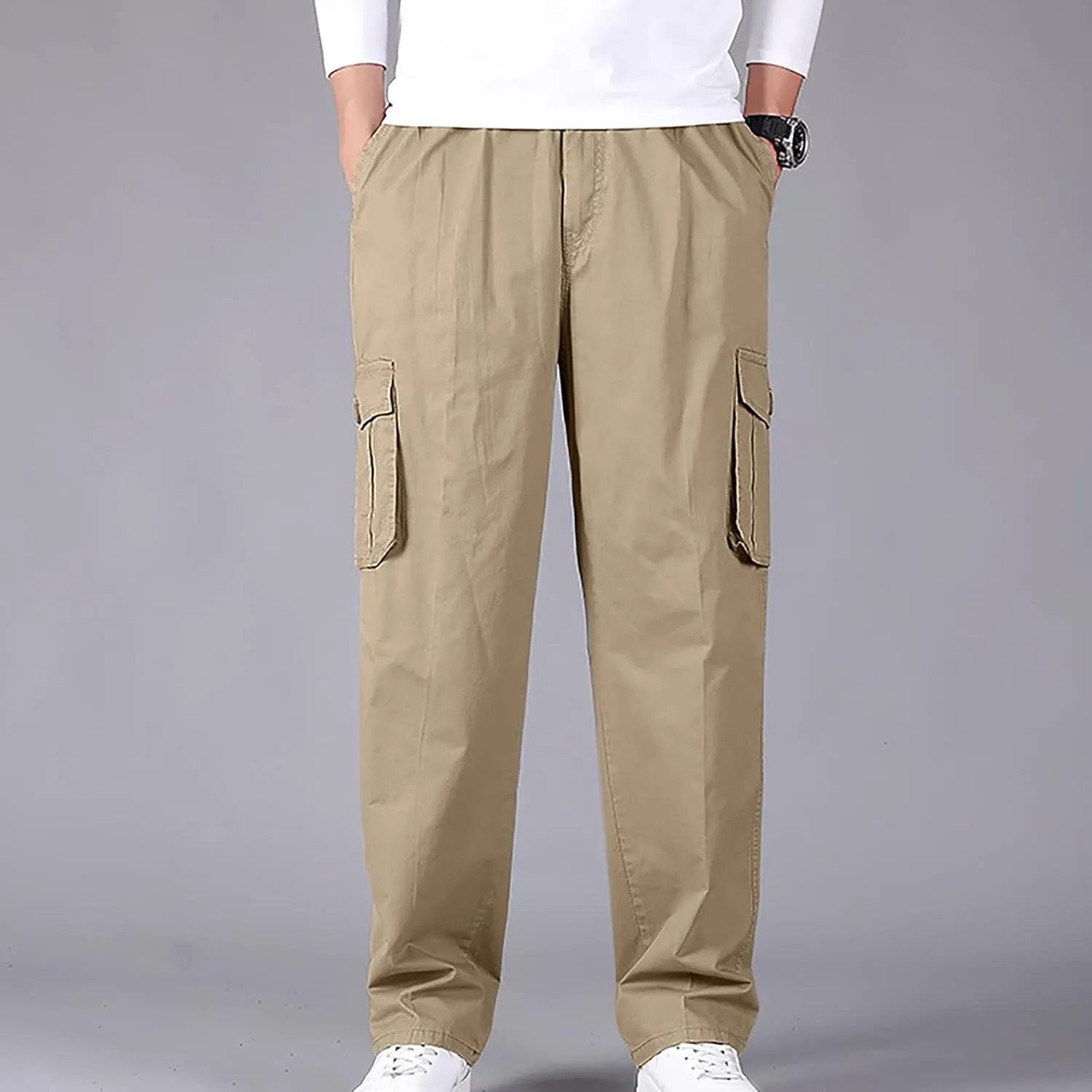 Muscularfit Plus Size Cargo Pants for Men Fashion Outdoor Cotton Multi Pockets Solid Straight Trouser Causal Loose Sweatpants