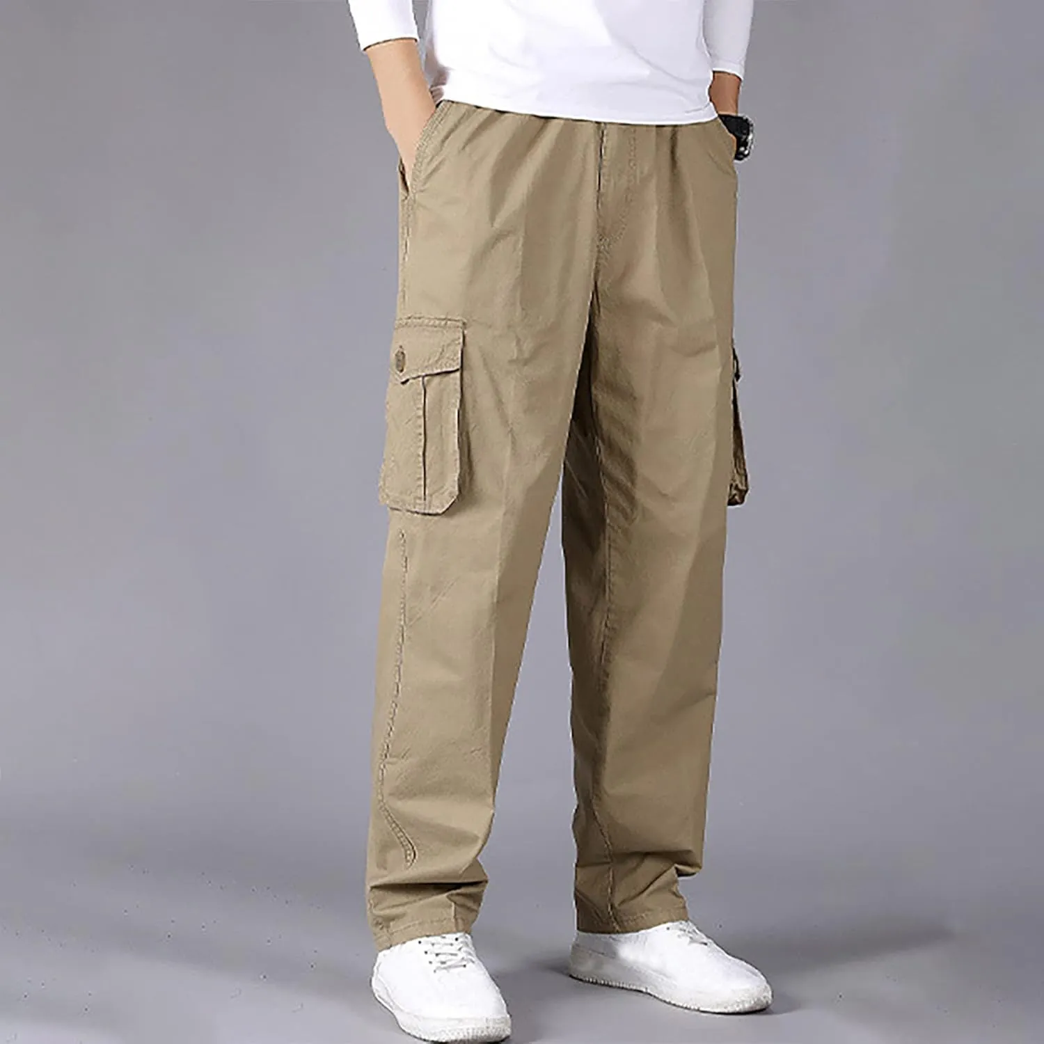 Muscularfit Plus Size Cargo Pants for Men Fashion Outdoor Cotton Multi Pockets Solid Straight Trouser Causal Loose Sweatpants