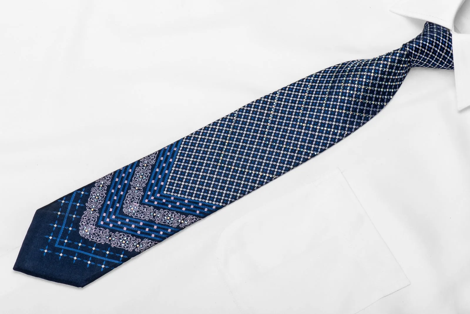 Park Land Men's Crystal Silk Tie V-Striped Trellis On Blue With Sparkles