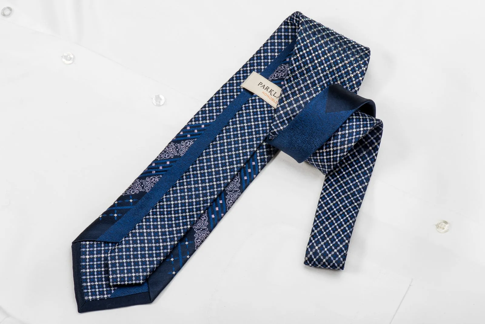 Park Land Men's Crystal Silk Tie V-Striped Trellis On Blue With Sparkles