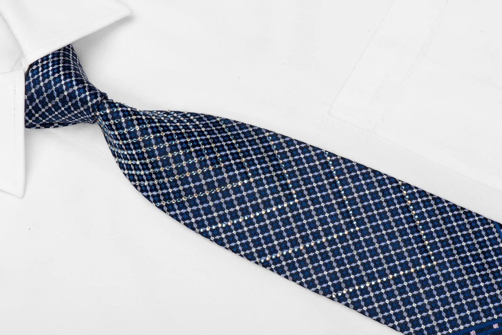 Park Land Men's Crystal Silk Tie V-Striped Trellis On Blue With Sparkles