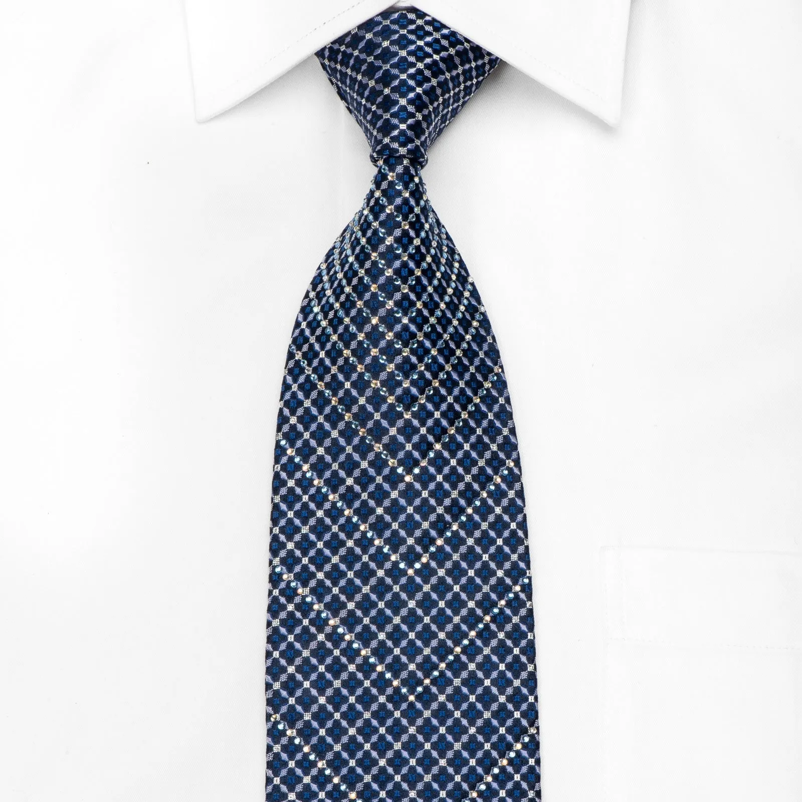 Park Land Men's Crystal Silk Tie V-Striped Trellis On Blue With Sparkles