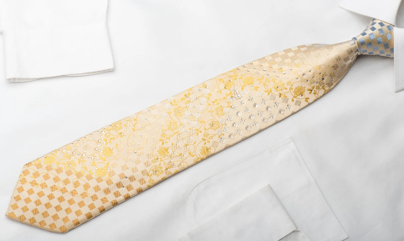Park Land Men's Silk Necktie Floral Checker On Gold Sparkling With Rhinestones