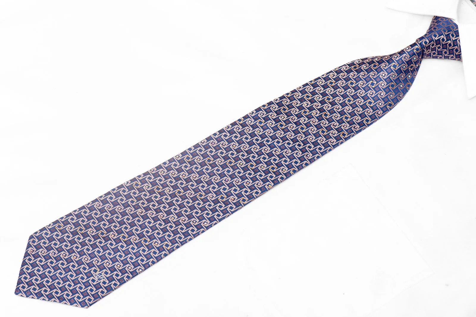 Pink Geometric On Blue Rhinestone Silk Tie With Pink Sparkles